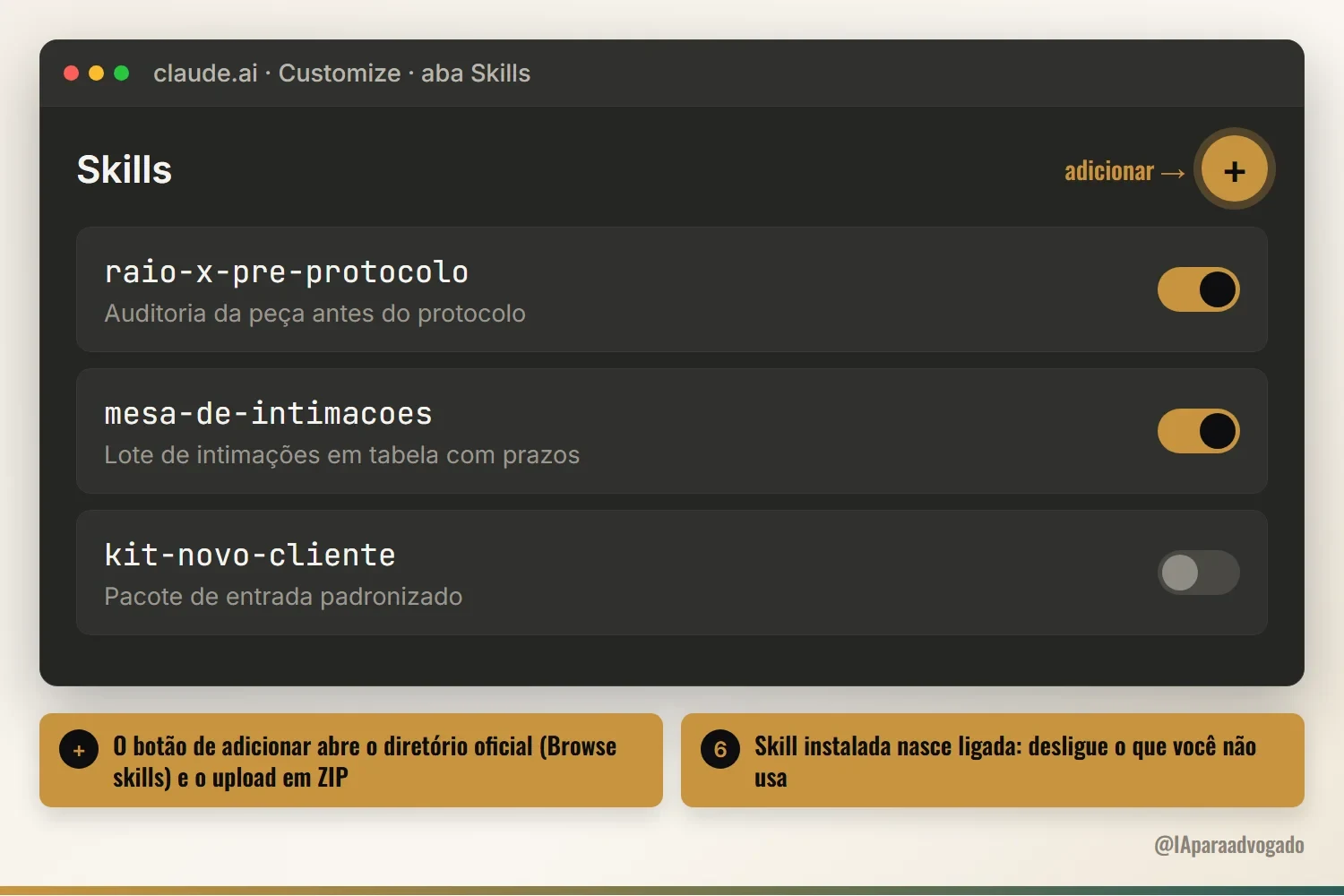 Tela de skills do Claude com o botão de adicionar skill
